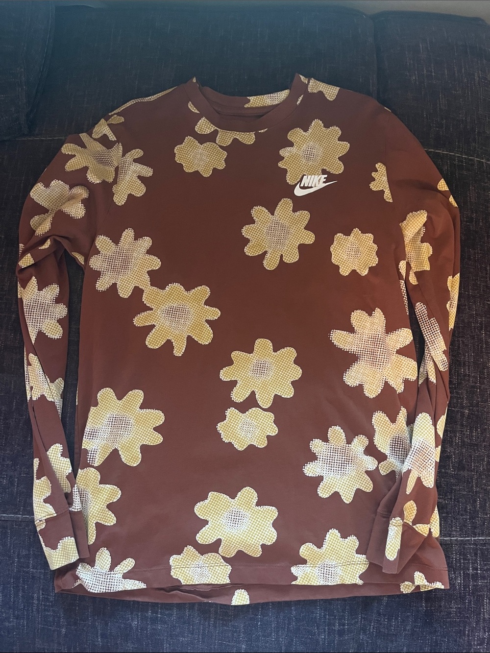 Nike Brown and Yellow Floral Crewneck Long Sleeve